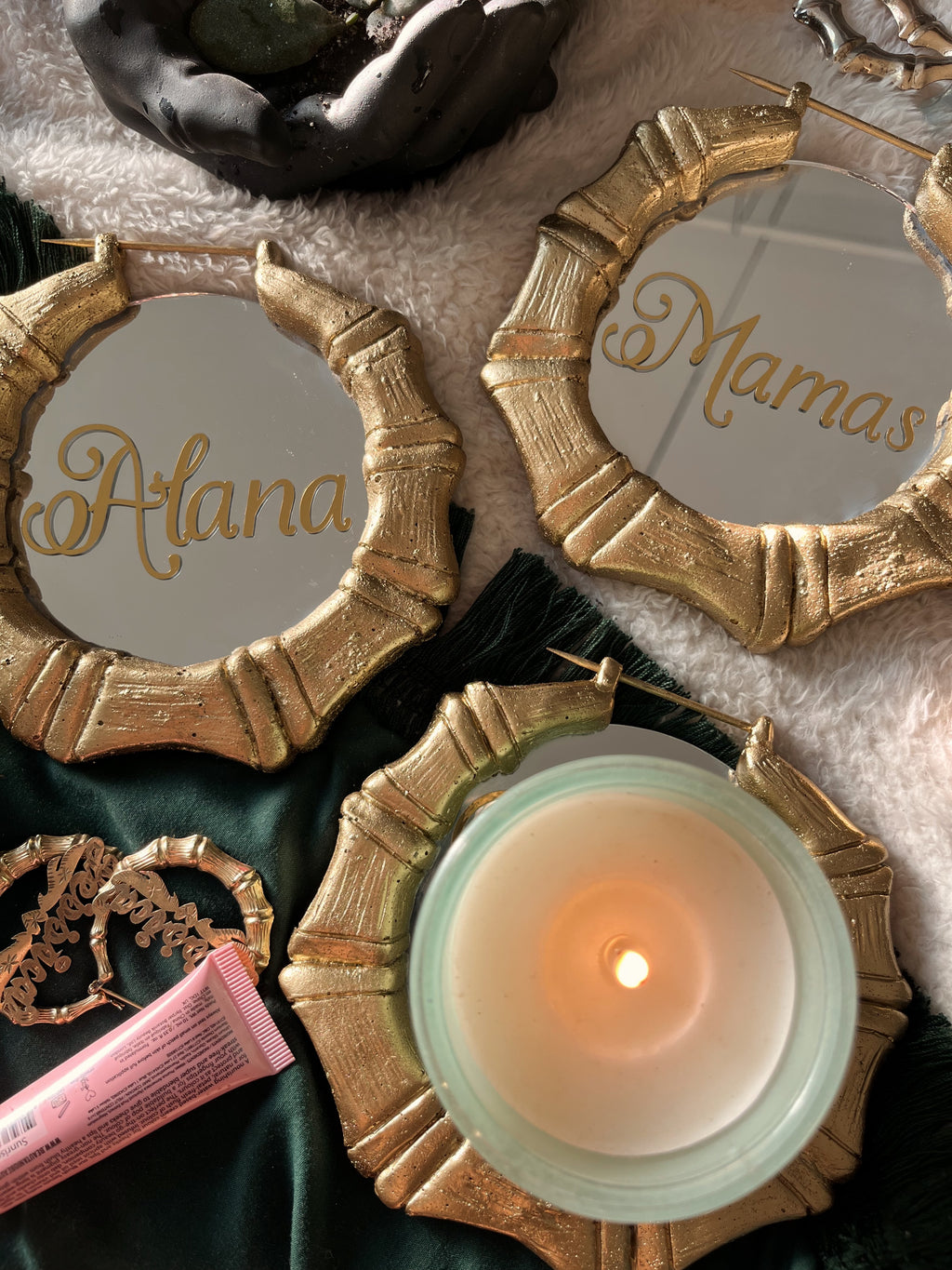 Bamboo earring candle holder mirror